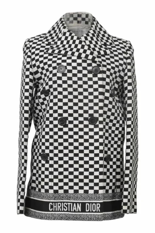 Black two-tone cotton-blend graphic check jacquard double breasted notch collar jacket with logo hem