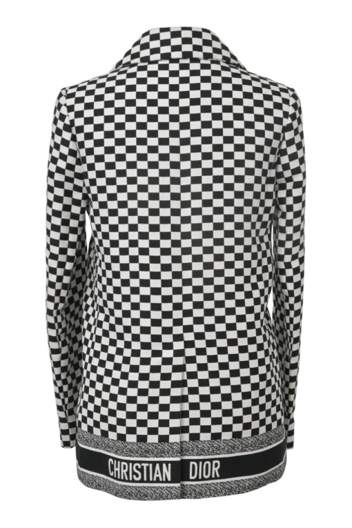Black two-tone cotton-blend graphic check jacquard double breasted notch collar jacket with logo hem