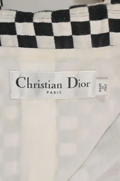 Black two-tone cotton-blend graphic check jacquard double breasted notch collar jacket with logo hem