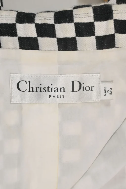 Black two-tone cotton-blend graphic check jacquard double breasted notch collar jacket with logo hem