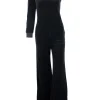 Black velvet single sleeved straight leg jumpsuit.