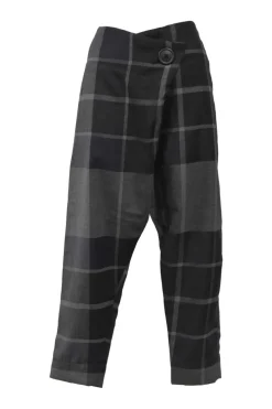 Black virgin wool check tweed wrap-front drop-crotch tapered leg tailored trousers