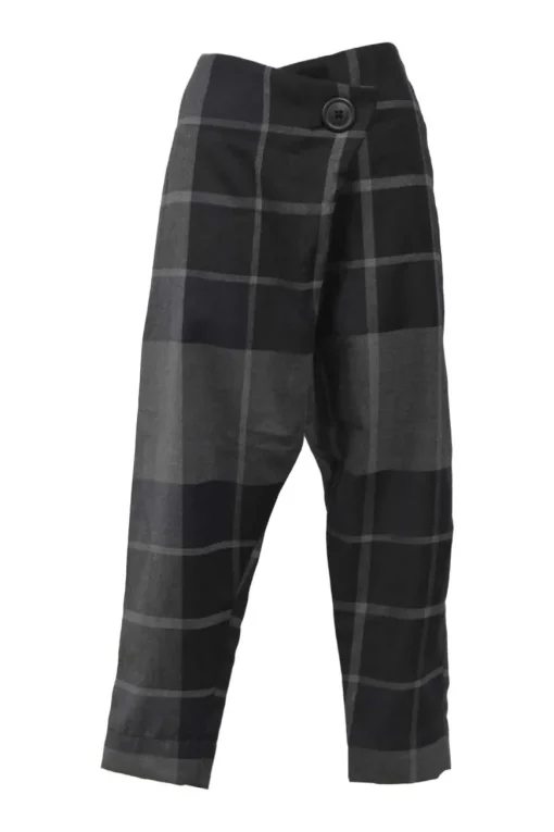Black virgin wool check tweed wrap-front drop-crotch tapered leg tailored trousers