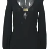 Black virgin wool keyhole knit top with metallic plaque appliqué