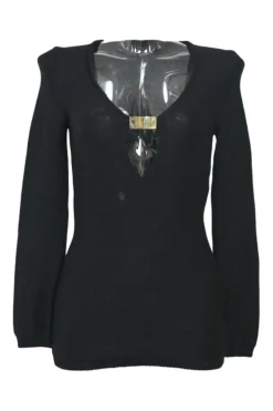 Black virgin wool keyhole knit top with metallic plaque appliqué