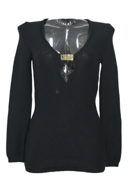 Black virgin wool keyhole knit top with metallic plaque appliqué