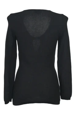 Black virgin wool keyhole knit top with metallic plaque appliqué