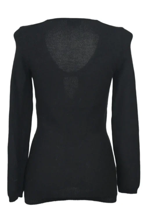 Black virgin wool keyhole knit top with metallic plaque appliqué