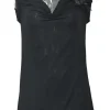 Black viscose jersey knit draped cowl neck tank top with cap sleeves and tonal feather appliqué