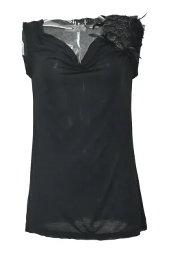 Black viscose jersey knit draped cowl neck tank top with cap sleeves and tonal feather appliqué