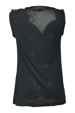 Black viscose jersey knit draped cowl neck tank top with cap sleeves and tonal feather appliqué