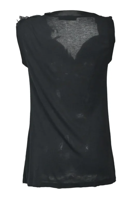 Black viscose jersey knit draped cowl neck tank top with cap sleeves and tonal feather appliqué