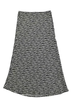Black viscose landmark dot print pull-on high-rise midi slip skirt