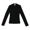 Black viscose-blend fully-fashioned rib knit sweetheart neck pullover long sleeve top