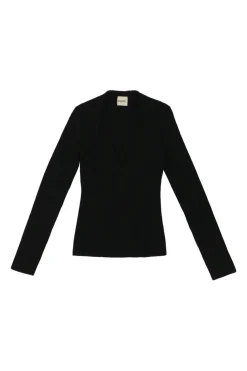 Black viscose-blend fully-fashioned rib knit sweetheart neck pullover long sleeve top