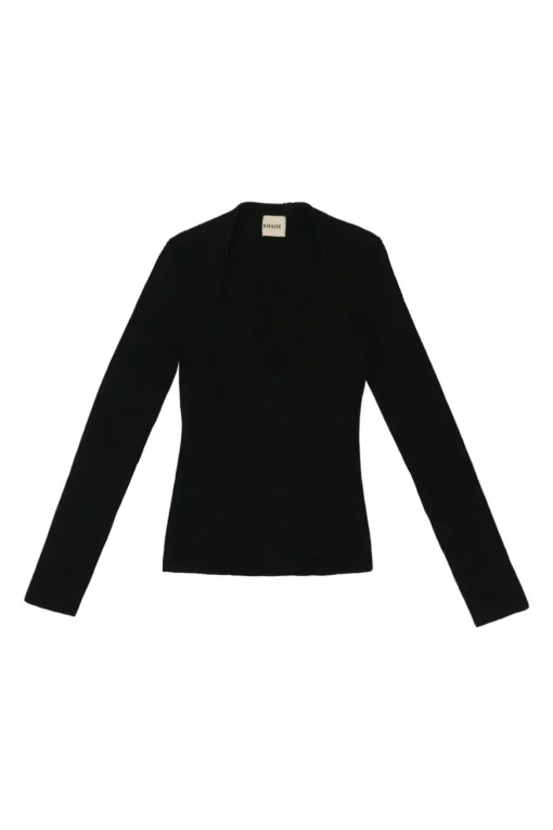 Black viscose-blend fully-fashioned rib knit sweetheart neck pullover long sleeve top