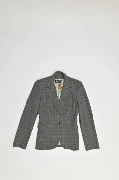 Black viscose-blend Glen check tweed single breasted peak lapel tailored jacket and wide leg trouser suit set