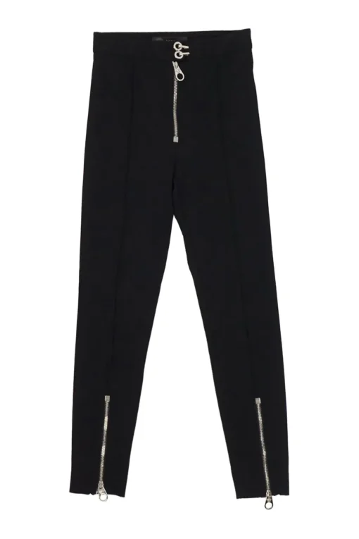 Black viscose-blend grommet biker leggings with exposed zip appliqué