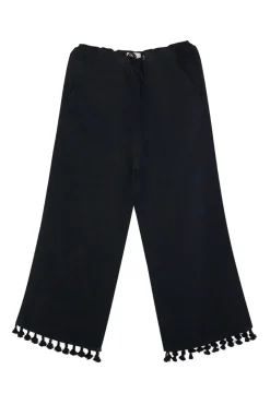 Black viscose-blend high-rise crop straight leg trousers with drawstring waistband and tassel-trimmed hem