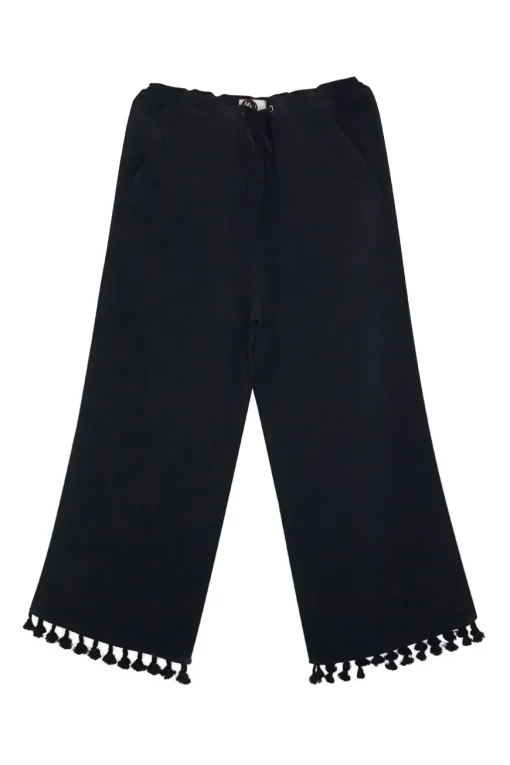 Black viscose-blend high-rise crop straight leg trousers with drawstring waistband and tassel-trimmed hem