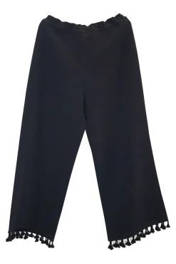Black viscose-blend high-rise crop straight leg trousers with drawstring waistband and tassel-trimmed hem