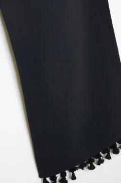 Black viscose-blend high-rise crop straight leg trousers with drawstring waistband and tassel-trimmed hem