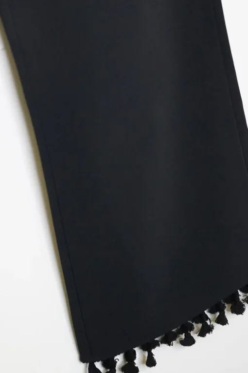 Black viscose-blend high-rise crop straight leg trousers with drawstring waistband and tassel-trimmed hem