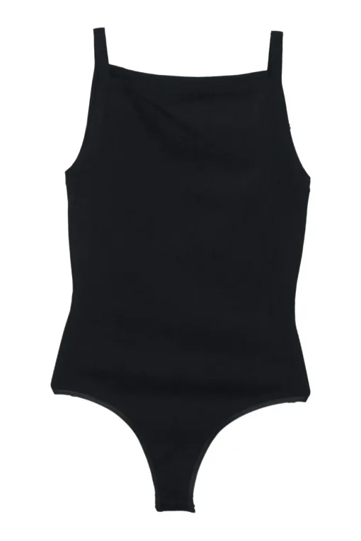 Black viscose-blend interlock knit square-neck bodysuit