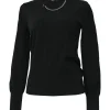 Black viscose-blend mock neck pullover knit top with zip shoulder with T-bar chainlink zip pull