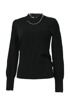 Black viscose-blend mock neck pullover knit top with zip shoulder with T-bar chainlink zip pull
