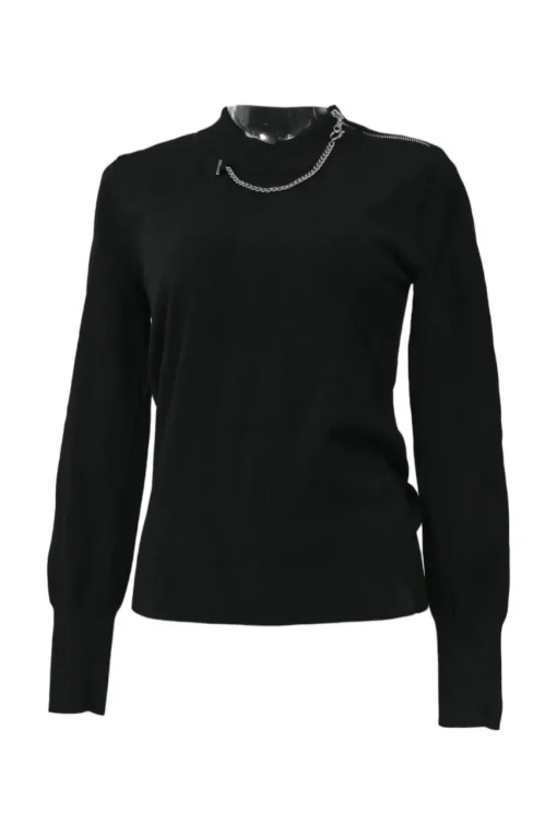 Black viscose-blend mock neck pullover knit top with zip shoulder with T-bar chainlink zip pull