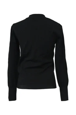 Black viscose-blend mock neck pullover knit top with zip shoulder with T-bar chainlink zip pull