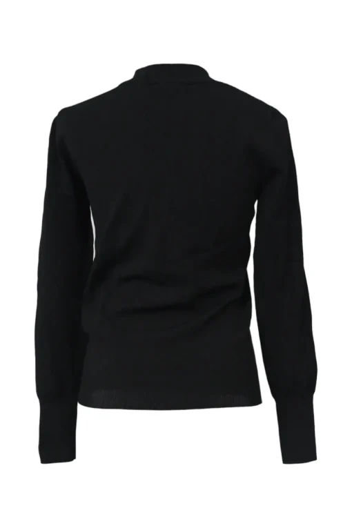 Black viscose-blend mock neck pullover knit top with zip shoulder with T-bar chainlink zip pull