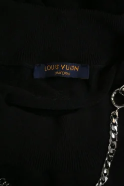 Black viscose-blend mock neck pullover knit top with zip shoulder with T-bar chainlink zip pull