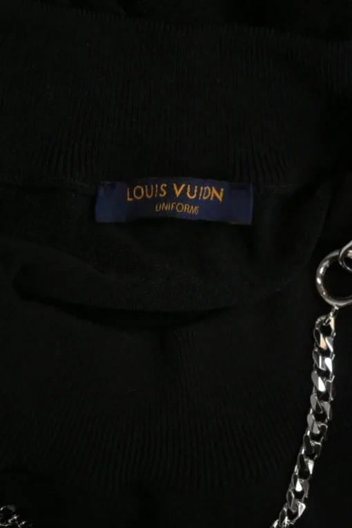 Black viscose-blend mock neck pullover knit top with zip shoulder with T-bar chainlink zip pull