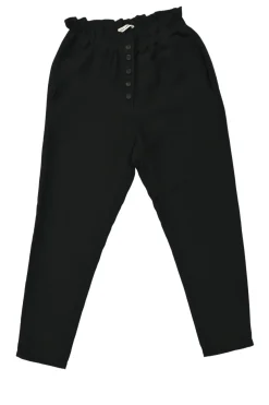 Black viscose-blend paperbag waist pull-on button-front tapered leg trousers