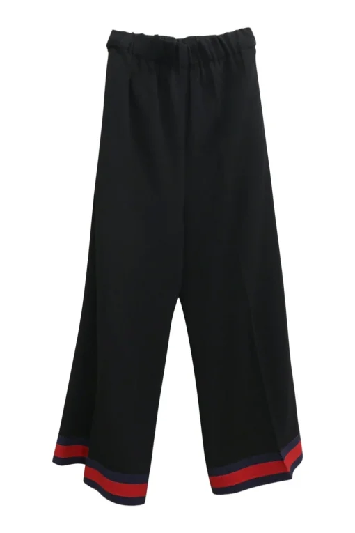 Black viscose-blend pull-on wide leg culottes with elastic waistband and contrast web-trimmed hem