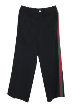 Black viscose-blend tailored wide leg trousers with brand-signature contrasting web trim