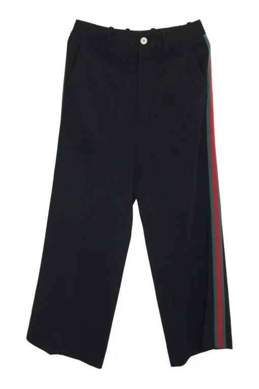 Black viscose-blend tailored wide leg trousers with brand-signature contrasting web trim