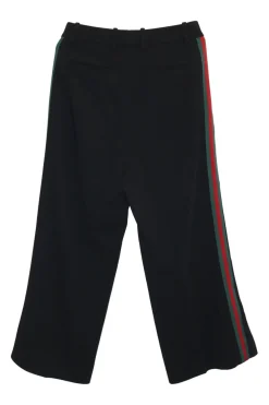 Black viscose-blend tailored wide leg trousers with brand-signature contrasting web trim