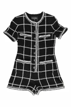 Black viscose-blend windowpane check fantasy tweed short sleeve romper with Coco Mark shank buttons