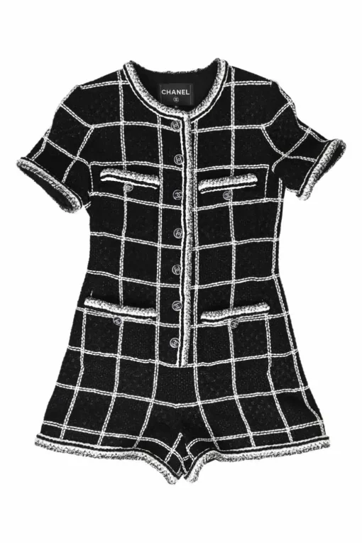 Black viscose-blend windowpane check fantasy tweed short sleeve romper with Coco Mark shank buttons