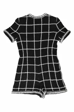 Black viscose-blend windowpane check fantasy tweed short sleeve romper with Coco Mark shank buttons
