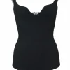 Black viscose-polyester blend curved décolletage neckline flat interlock rib bodysuit