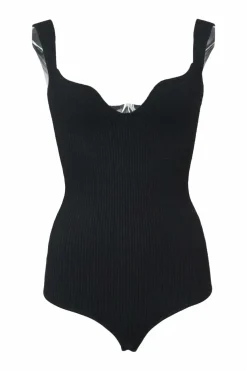 Black viscose-polyester blend curved décolletage neckline flat interlock rib bodysuit
