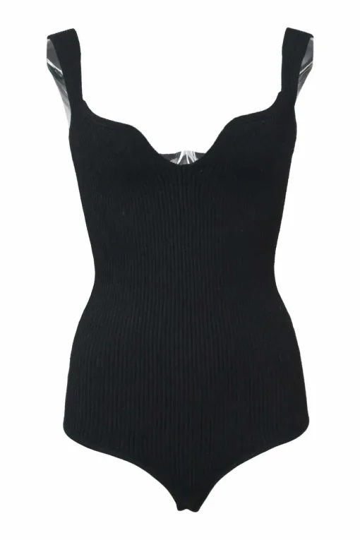 Black viscose-polyester blend curved décolletage neckline flat interlock rib bodysuit