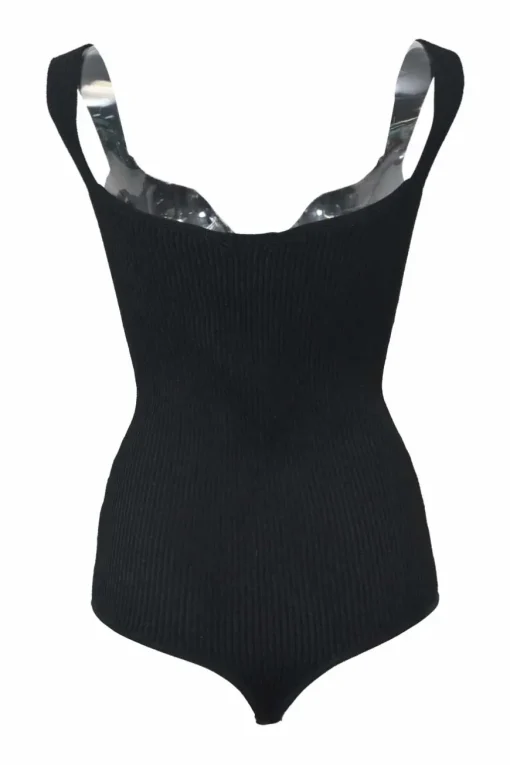 Black viscose-polyester blend curved décolletage neckline flat interlock rib bodysuit