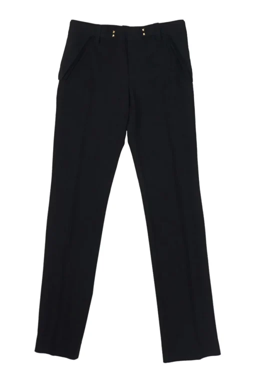 Black viscose-wool blend studded pull-on mid-rise kick flare tailored trousers