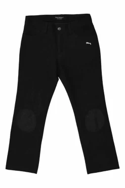 Black warp knit mesh pull-on mid-rise kick flare pants with knee patch appliqué