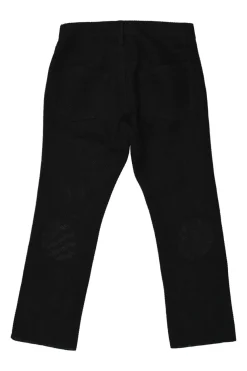 Black warp knit mesh pull-on mid-rise kick flare pants with knee patch appliqué
